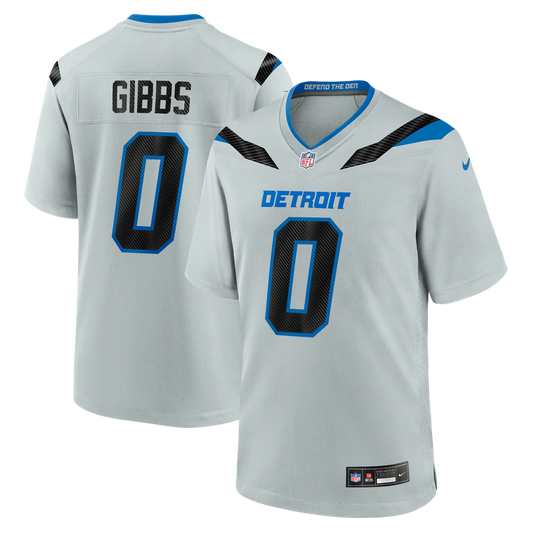 Jahmyr Gibbs #0 Detroit Lions 2026 Rivalries Premium Football Jersey – Silver front product view