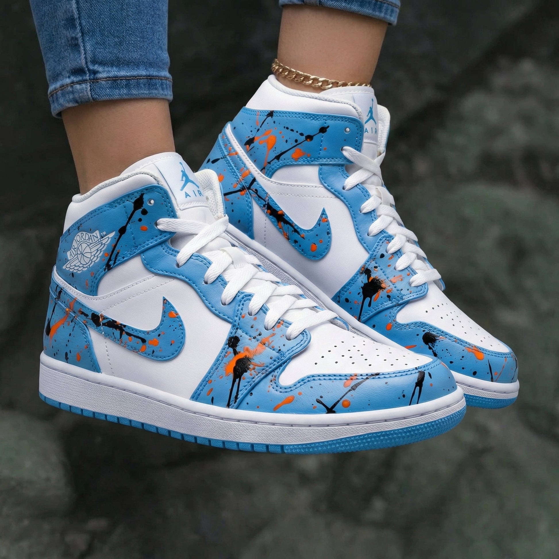 Paint Splatter Baby Blue Orange Black Custom Air Jordan 1