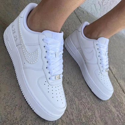 Pearl-Embellished Custom Air Force 1 Weeding Shoes