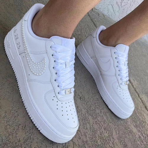 Pearl-Embellished Custom Air Force 1 Weeding Shoes