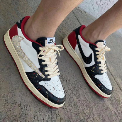Rhinestone Swoosh Splatter Black Red Travis Scott Custom Air Jordan 1
