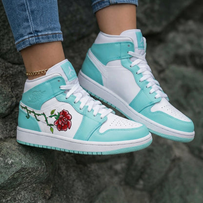 Rose Pattern Teal White Custom Air Jordan 1