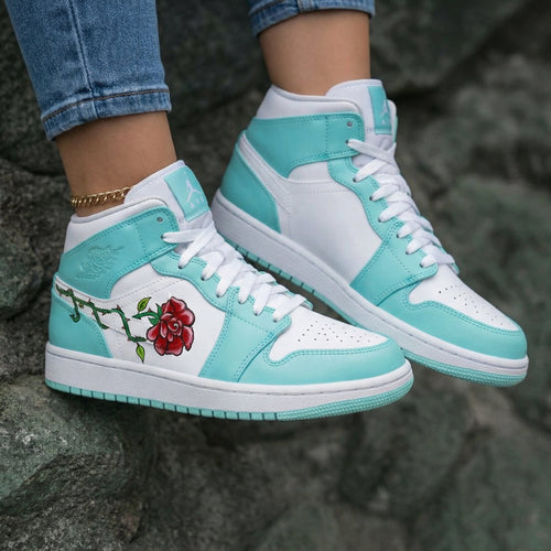 Rose Pattern Teal White Custom Air Jordan 1