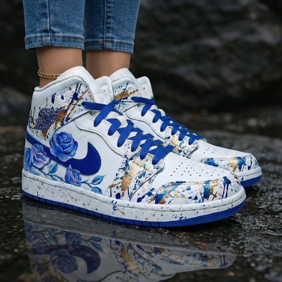 Rose Splatter Blue Gold Custom Air Jordan 1