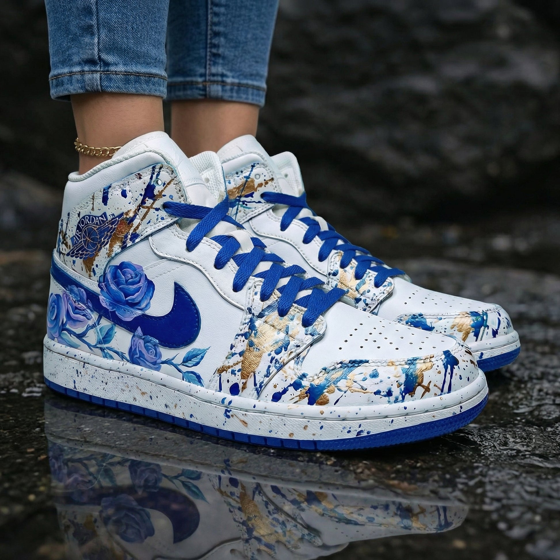 Rose Splatter Blue Gold Custom Air Jordan 1