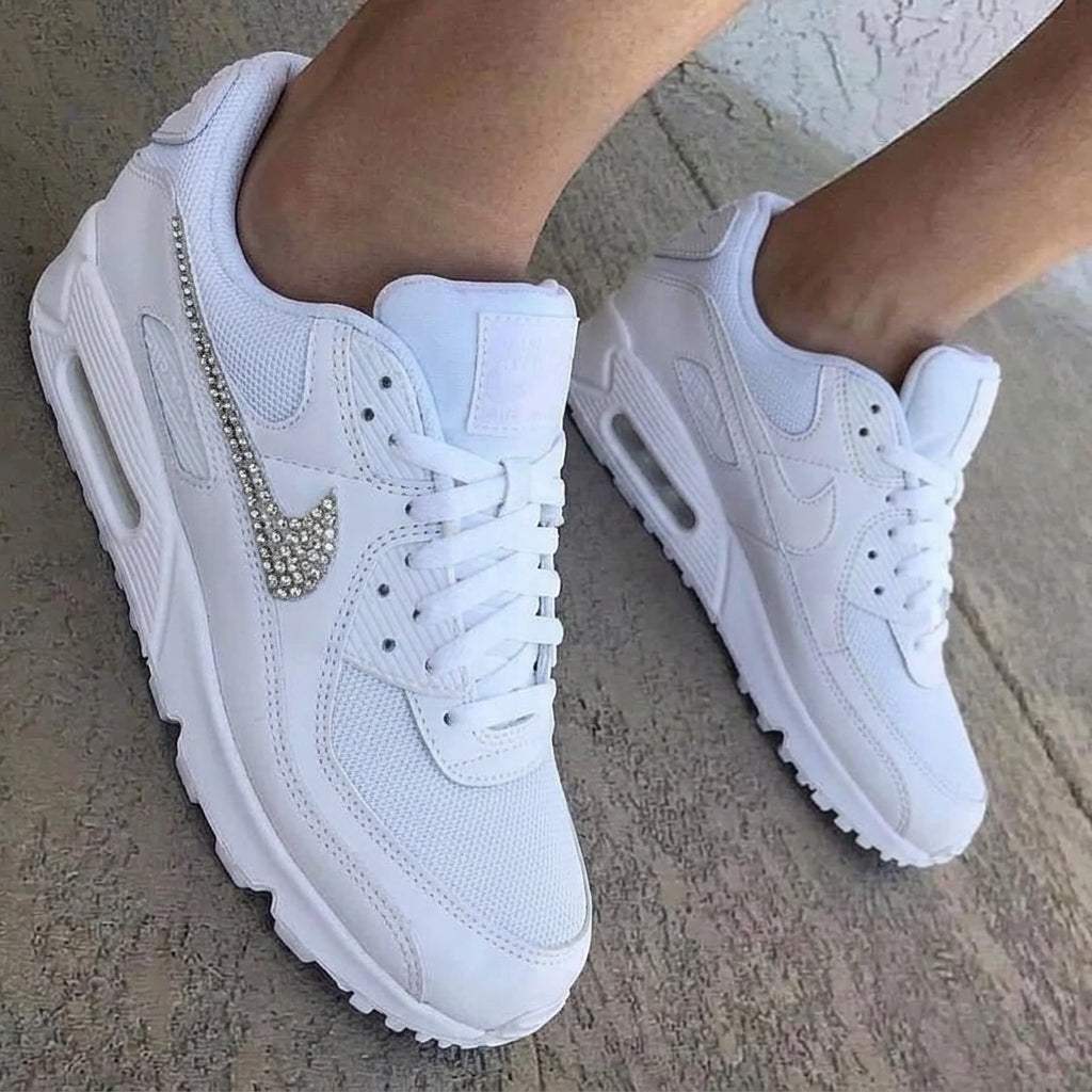 Silver Rhinestone Swoosh Custom Nike Air Max 90 Weeding Shoes