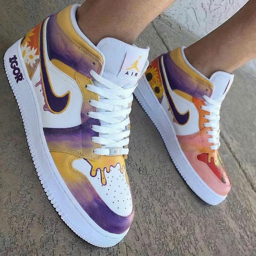 Sunflower Daisy Pattern Purple Yellow Custom Air Jordan 1