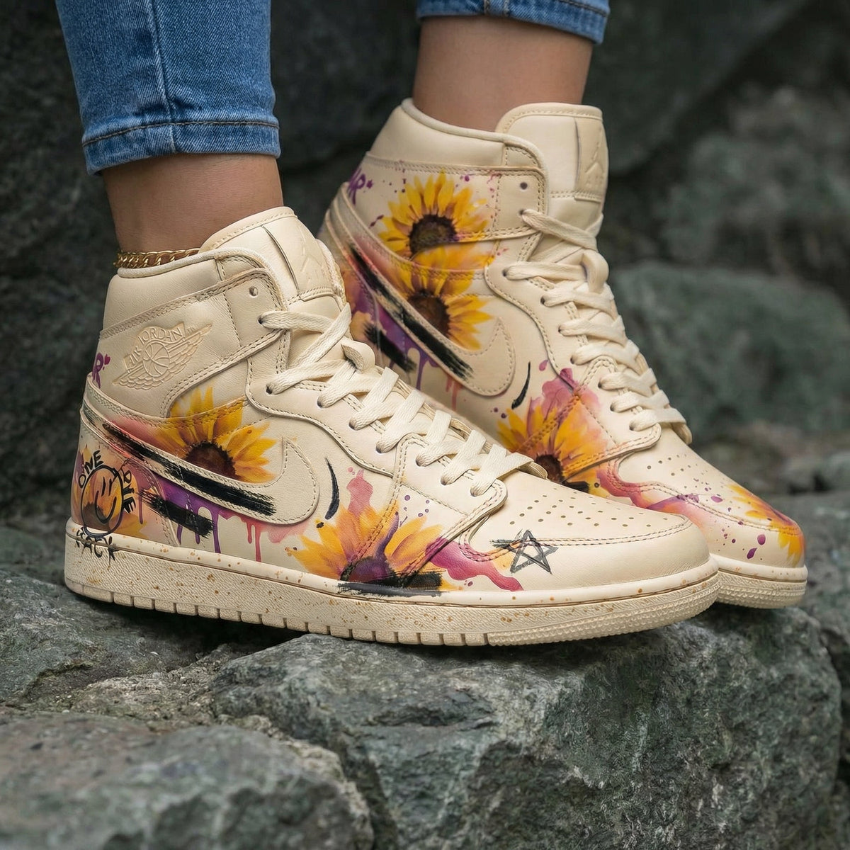 Sunflower Pattern Yellow Purple Custom Air Jordan 1