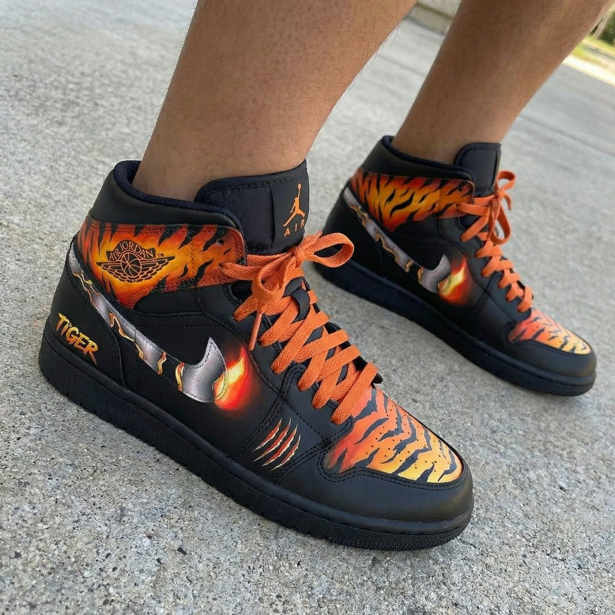 Tiger Flame Pattern Black Orange Custom Air Jordan 1