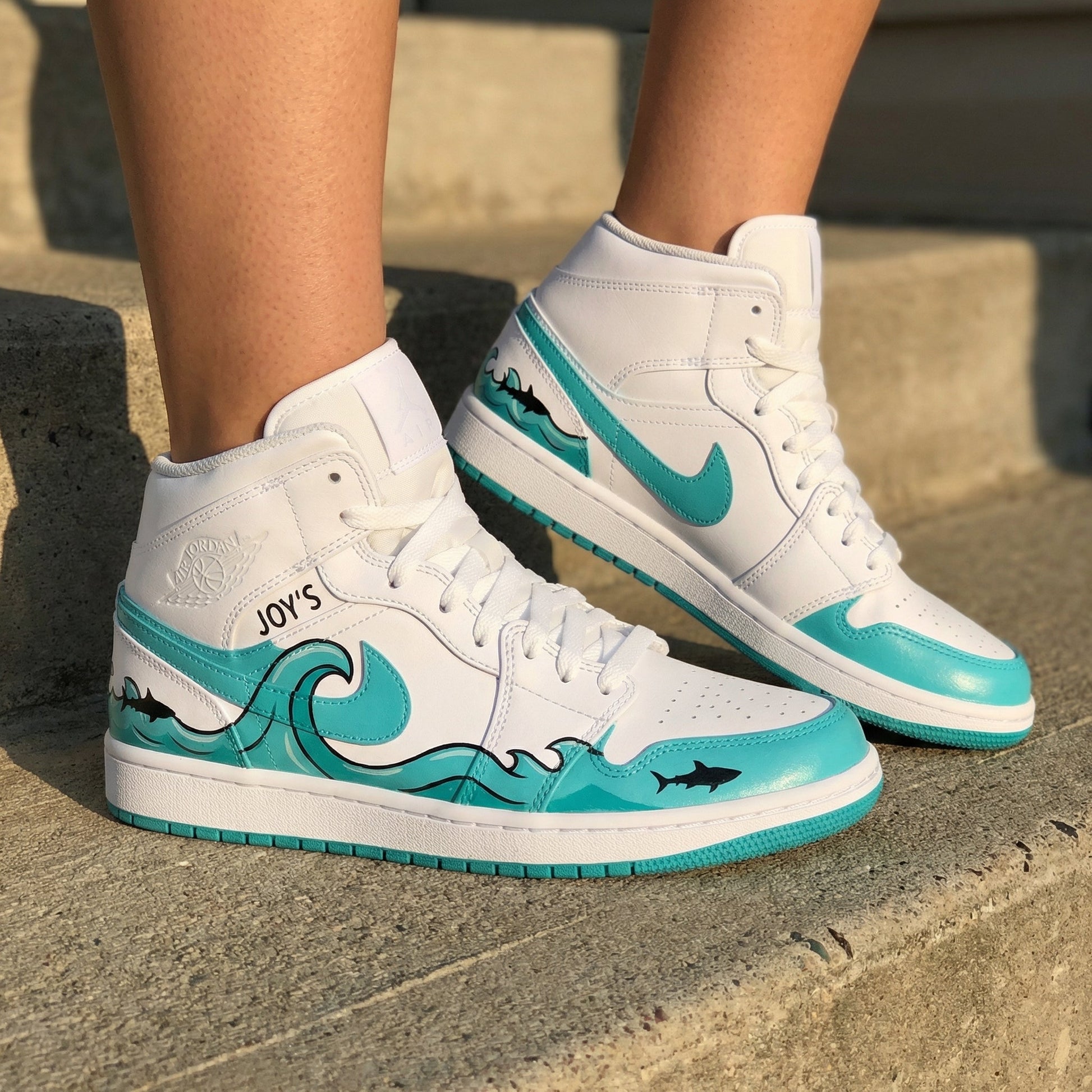 Wave And Sharks White And Teal Custom Air Jordan 1