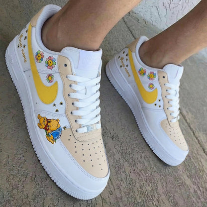 Winnie - the - Pooh Flowers Bees Pattern Cream Yellow Custom Air Force 1