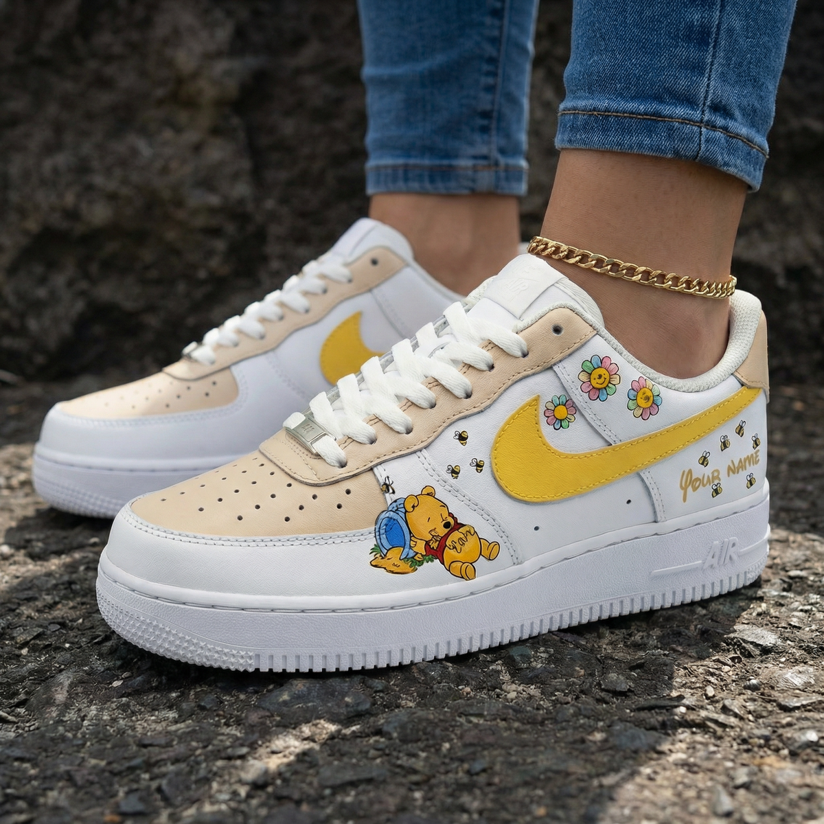 Winnie - the - Pooh Flowers Bees Pattern Cream Yellow Custom Air Force 1